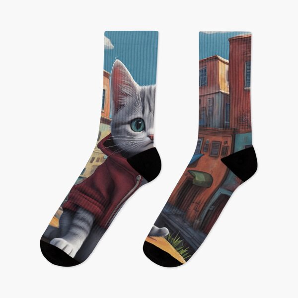 Item preview, Folk Art Kitten wearing a hoodie in a big city back alley designed and sold by Colin Bentham.