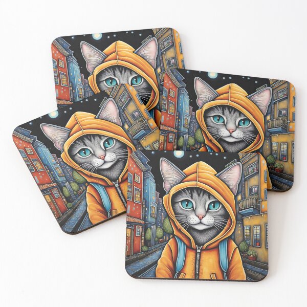 Item preview, Folk Art Kitten wearing a hoodie in a big city back alley designed and sold by Colin Bentham.