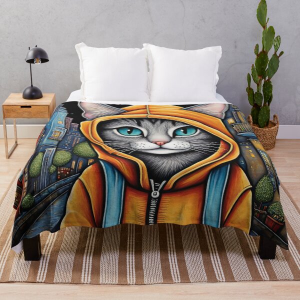 Item preview, Folk Art Kitten wearing a hoodie in a big city back alley designed and sold by Colin Bentham.