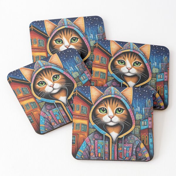Item preview, Folk Art Kitten wearing a hoodie in a big city back alley designed and sold by Colin Bentham.