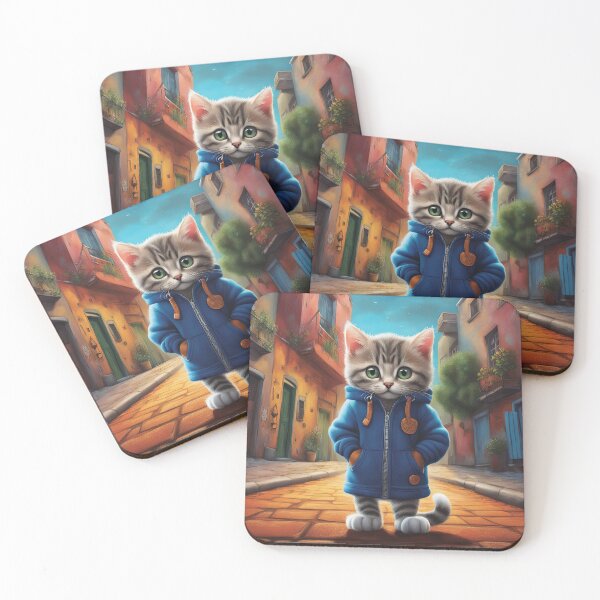 Item preview, Folk Art Kitten wearing a hoodie in a big city back alley designed and sold by Colin Bentham.