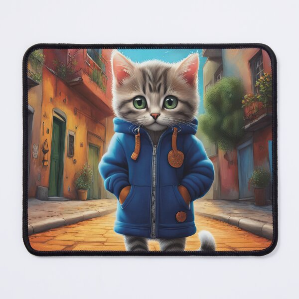 Item preview, Folk Art Kitten wearing a hoodie in a big city back alley designed and sold by Colin Bentham.