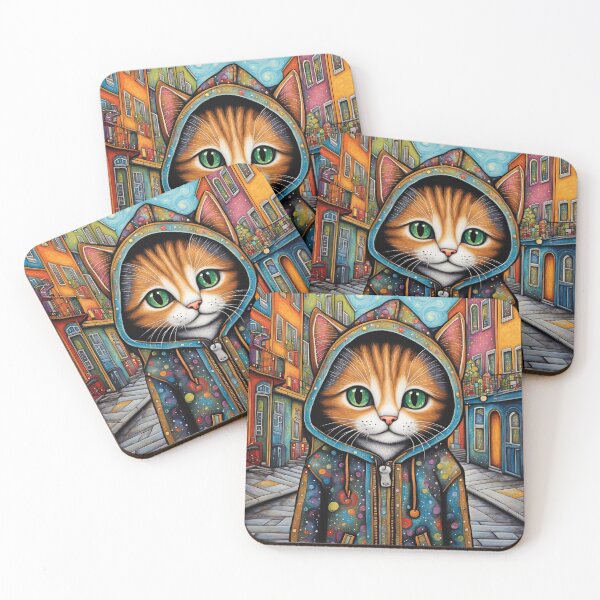 Item preview, Folk Art Kitten wearing a hoodie in a big city back alley designed and sold by Colin Bentham.