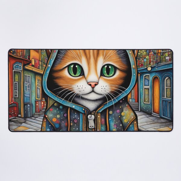Item preview, Folk Art Kitten wearing a hoodie in a big city back alley designed and sold by Colin Bentham.