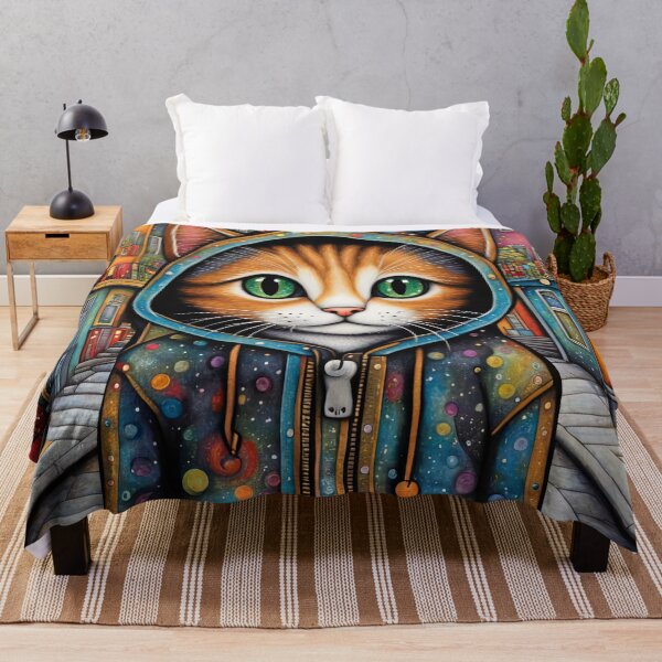Item preview, Folk Art Kitten wearing a hoodie in a big city back alley designed and sold by Colin Bentham.