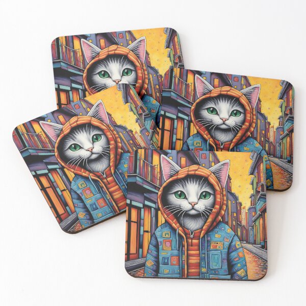 Item preview, Folk Art Kitten wearing a hoodie in a big city back alley designed and sold by Colin Bentham.