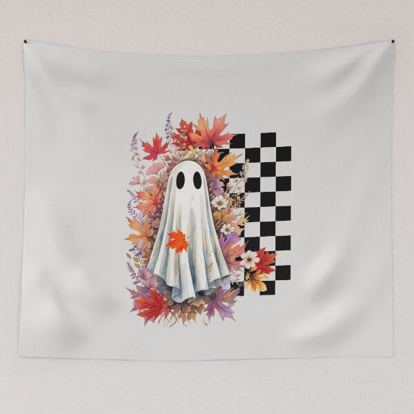 Item preview,  Botanical Ghost, Cute Autumn Floral Halloween Illustration, Cute Fall Ghost, Cute Ghost with Autumn Leaves, Cozy Halloween Fall Aesthetic Checkered Design designed and sold by KolorellaS.