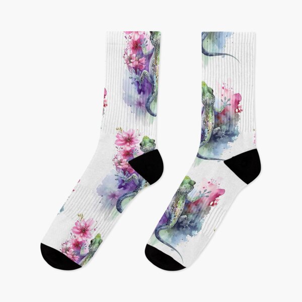 Item preview, Green blue gecko on watercolor background with cherry blossoms designed and sold by LiskoDesign.