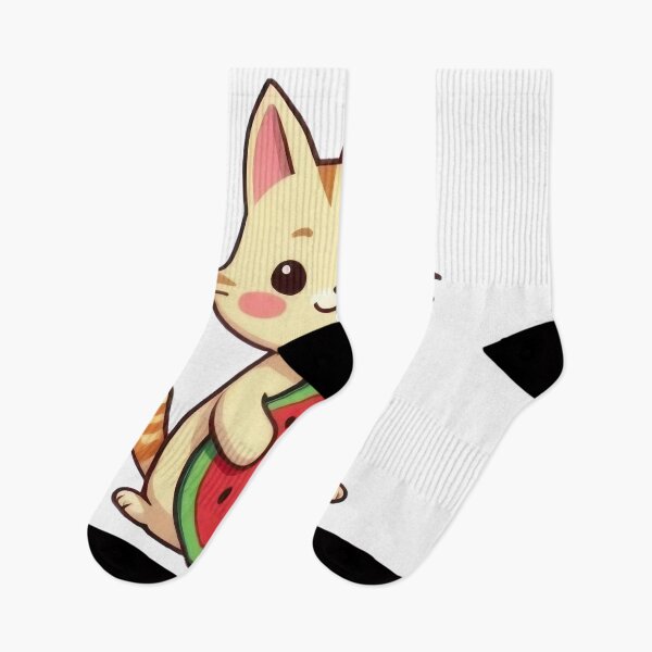Aperçu de l'œuvre Adorable chat kawaii tenant une pastèque | Autocollant mignon de chaton de dessin animé créée et vendue par PixeloraStudio.