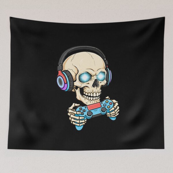 Item preview, Gamer skull with headphones and video game controller designed and sold by TheSkullRoom.