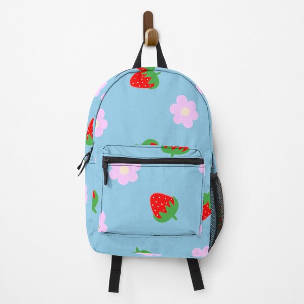 Item preview, Seamless digital pattern of strawberries and pink flowers on soft blue background. Fresh and romantic botanical style. designed and sold by juoctaviniarts.