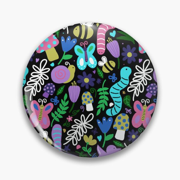Item preview, seamless pattern of a colorful garden consisting of flowers, butterflies, bees, earthworm, leaves, branches, mushrooms on a black background designed and sold by juoctaviniarts.