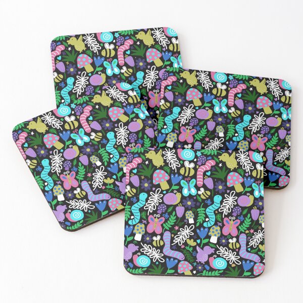 Item preview, seamless pattern of a colorful garden consisting of flowers, butterflies, bees, earthworm, leaves, branches, mushrooms on a black background designed and sold by juoctaviniarts.