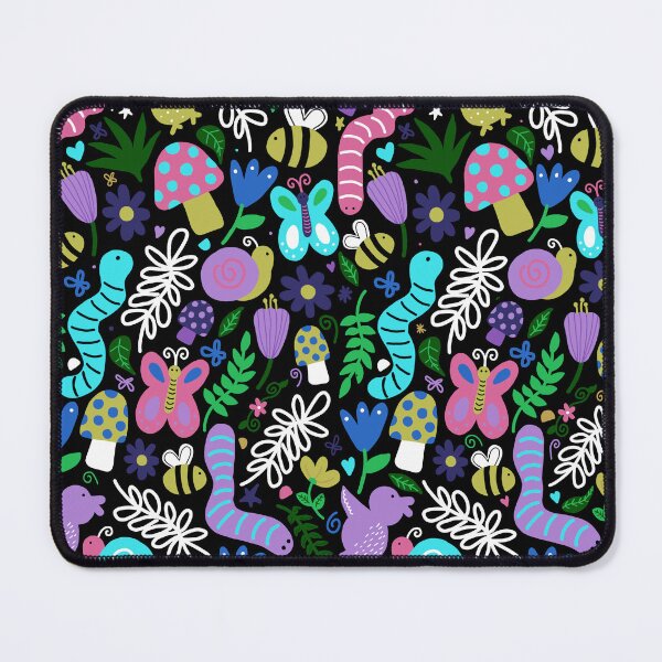 Item preview, seamless pattern of a colorful garden consisting of flowers, butterflies, bees, earthworm, leaves, branches, mushrooms on a black background designed and sold by juoctaviniarts.