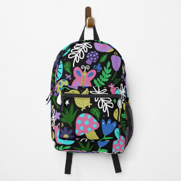 Item preview, seamless pattern of a colorful garden consisting of flowers, butterflies, bees, earthworm, leaves, branches, mushrooms on a black background designed and sold by juoctaviniarts.