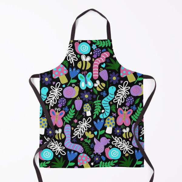 Item preview, seamless pattern of a colorful garden consisting of flowers, butterflies, bees, earthworm, leaves, branches, mushrooms on a black background designed and sold by juoctaviniarts.