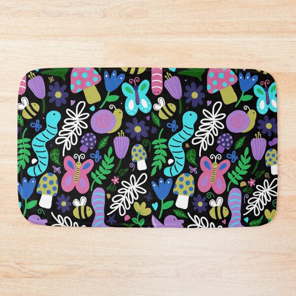 Item preview, seamless pattern of a colorful garden consisting of flowers, butterflies, bees, earthworm, leaves, branches, mushrooms on a black background designed and sold by juoctaviniarts.