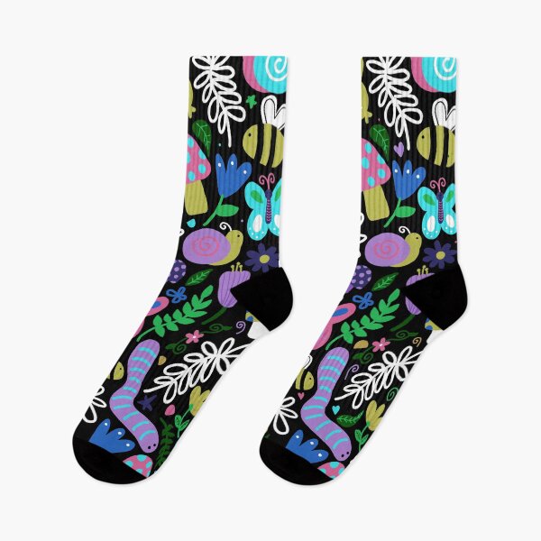 Item preview, seamless pattern of a colorful garden consisting of flowers, butterflies, bees, earthworm, leaves, branches, mushrooms on a black background designed and sold by juoctaviniarts.