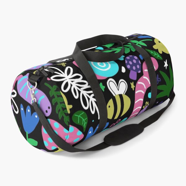 Item preview, seamless pattern of a colorful garden consisting of flowers, butterflies, bees, earthworm, leaves, branches, mushrooms on a black background designed and sold by juoctaviniarts.