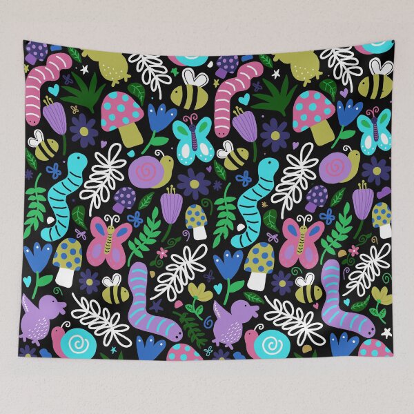 Item preview, seamless pattern of a colorful garden consisting of flowers, butterflies, bees, earthworm, leaves, branches, mushrooms on a black background designed and sold by juoctaviniarts.