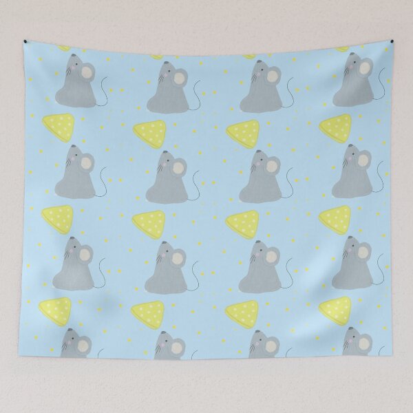 Item preview, Seamless pattern with cute gray mouse and hearts on blue background designed and sold by juoctaviniarts.