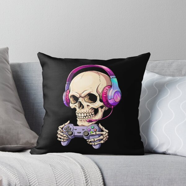 Item preview, Gamer skull with pink headphones and classic controller designed and sold by TheSkullRoom.
