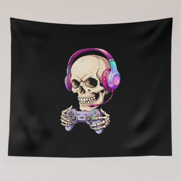 Item preview, Gamer skull with pink headphones and classic controller designed and sold by TheSkullRoom.
