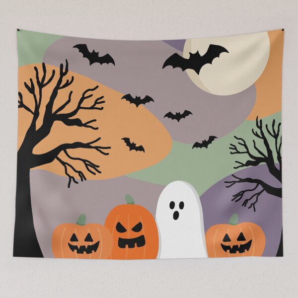 Item preview, Halloween background in flat design with ghosts, pumpkins and bats at night designed and sold by juoctaviniarts.