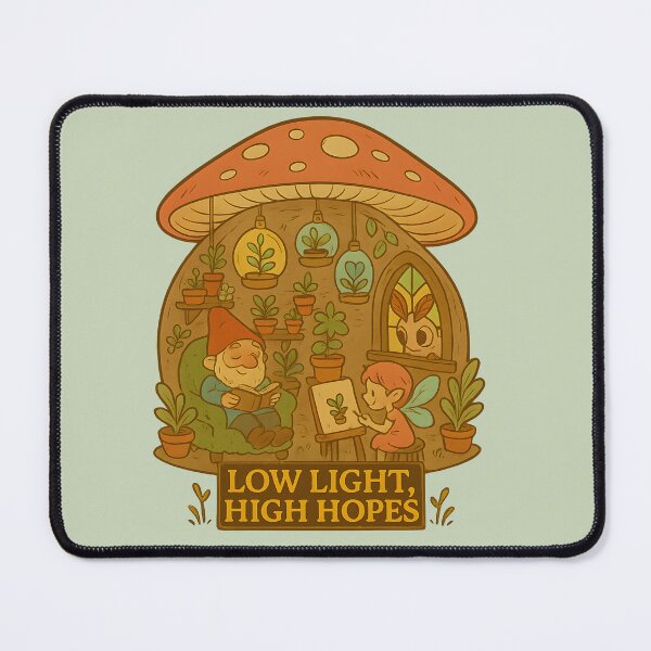 Item preview, Low Light High Hopes – Whimsical Mushroom Greenhouse with Gnome & Fairy designed and sold by TrendznHitz.