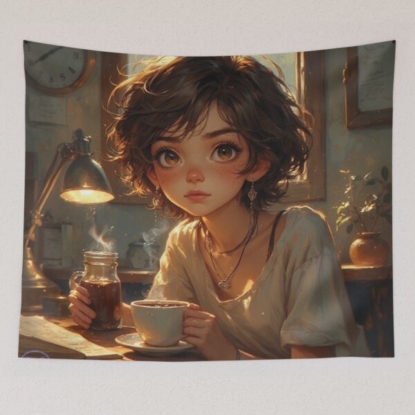 Item preview, Cozy Coffee Morning – Cute Anime Girl in Warm Cafe by NegarTv Designs designed and sold by NegarTv Designs.