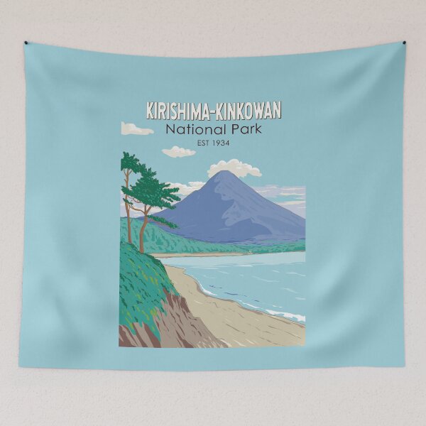 Item preview, Kirishima Kinkowan National Park Japan Illustration Travel Art Vintage designed and sold by KrisSidDesigns.