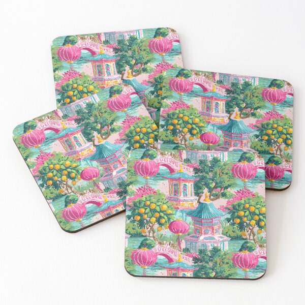Item preview, Preppy chinoiserie garden in pink and turquoisr designed and sold by SophieClimaArt.