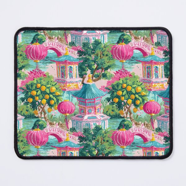 Item preview, Preppy chinoiserie garden in pink and turquoisr designed and sold by SophieClimaArt.