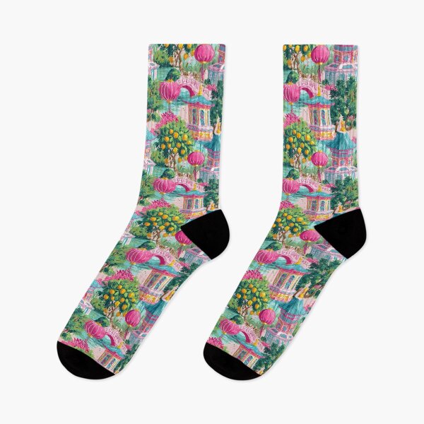 Item preview, Preppy chinoiserie garden in pink and turquoisr designed and sold by SophieClimaArt.