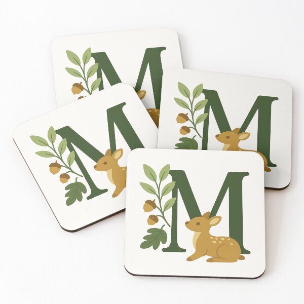 Item preview, Autumn Alphabet – Green Monogram Letter M with Deer, Acorns & Woodland Leaves designed and sold by ContraryAndCo.