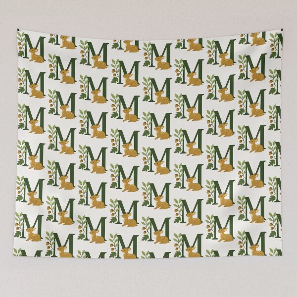 Item preview, Alfabeto otoñal: monograma verde con la letra M, ciervos, bellotas y hojas de bosque. designed and sold by ContraryAndCo.