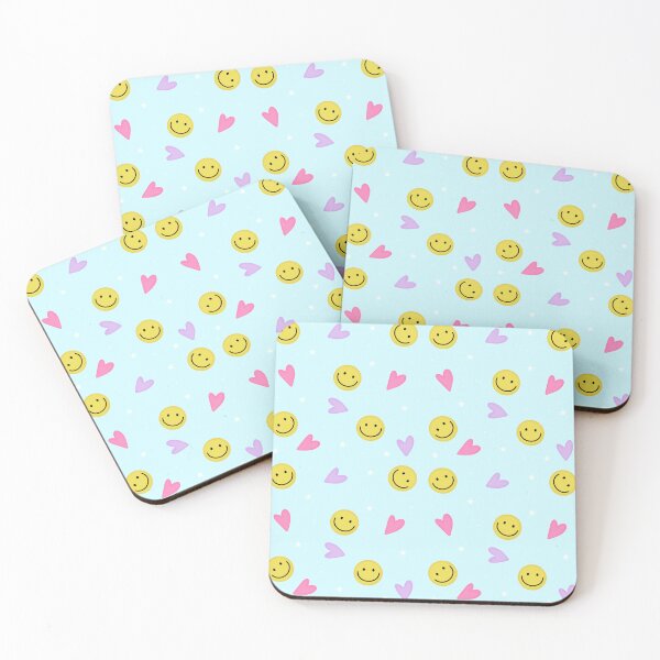 Item preview, Cute smile emoji and hearts seamless pattern in blue background designed and sold by juoctaviniarts.