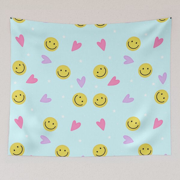 Item preview, Cute smile emoji and hearts seamless pattern in blue background designed and sold by juoctaviniarts.