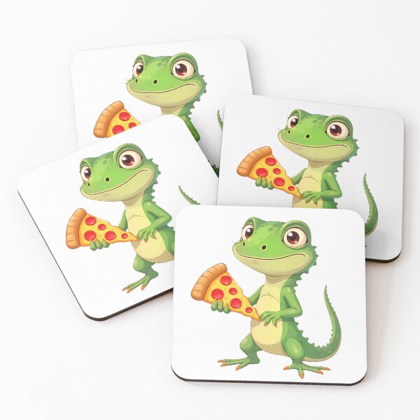 Item preview, Green lizard character happily holding a slice of pizza in a cheerful display of fun and whimsy designed and sold by SpaceartLilu.