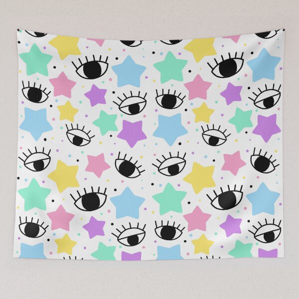 Item preview, Black eyes with colorful pastel colors stars and dots seamless pattern in white background designed and sold by juoctaviniarts.