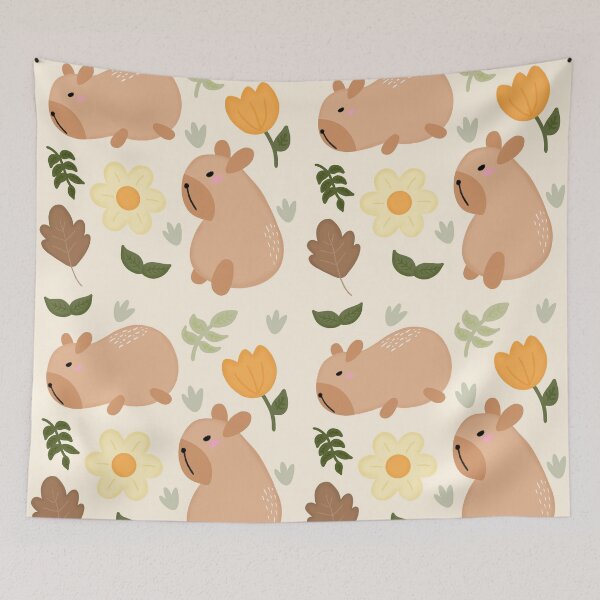 Item preview, Cute capybara with leaves and flowers seamless pattern on beige background designed and sold by juoctaviniarts.