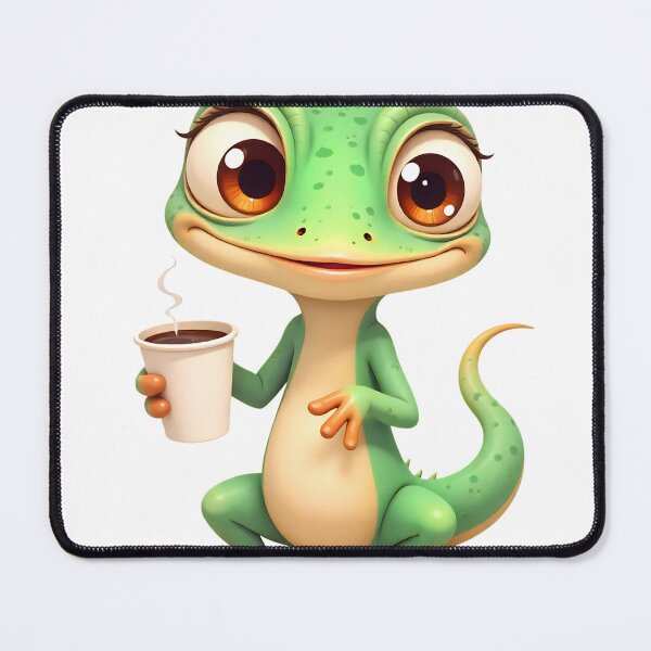 Item preview, Cheerful cartoon lizard holding a coffee cup in a playful pose at a casual gathering designed and sold by SpaceartLilu.