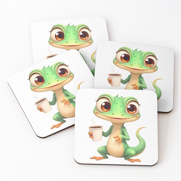 Item preview, Cheerful cartoon lizard holding a coffee cup in a playful pose at a casual gathering designed and sold by SpaceartLilu.