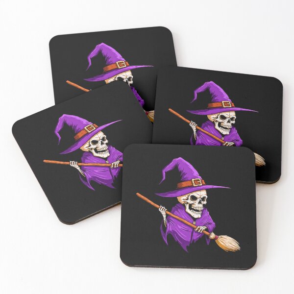 Item preview, Witch skull with pointy hat and magic broom designed and sold by TheSkullRoom.