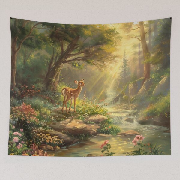 Item preview, Doe Standing by the Edge of a River in the Forest – Enchanted Wildlife Art designed and sold by baggycatsworld.
