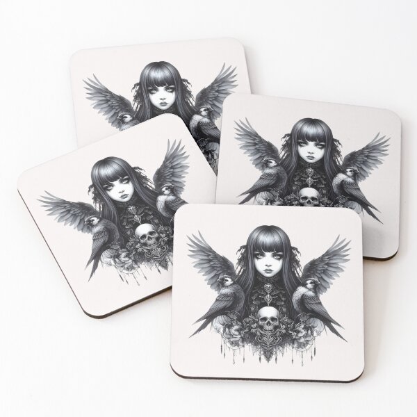 Item preview, All in black Gothic girl with wings and birds designed and sold by FatBirdie.