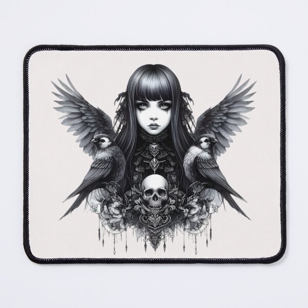 Item preview, All in black Gothic girl with wings and birds designed and sold by FatBirdie.