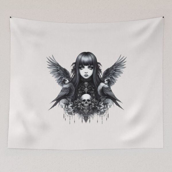 Item preview, All in black Gothic girl with wings and birds designed and sold by FatBirdie.