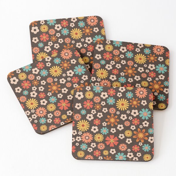Item preview, 70s Retro Ditsy Florals With Brown Woven Textured Background designed and sold by SeeMyArtDesigns.