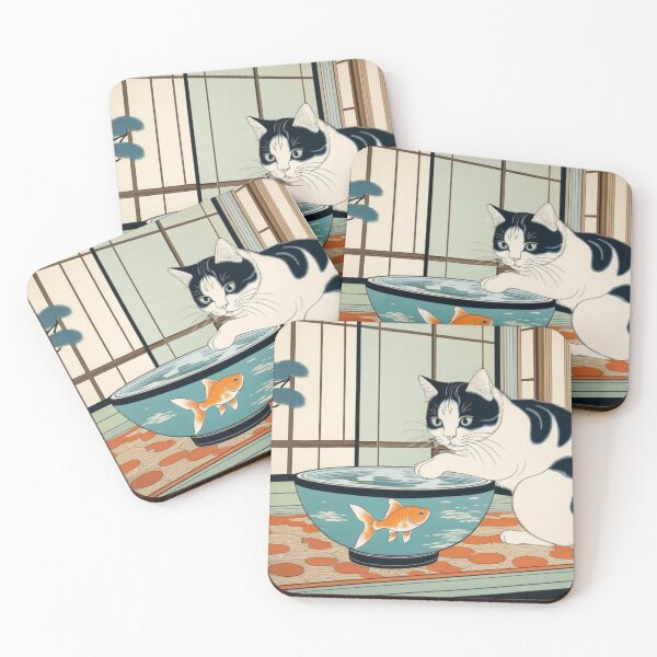 Item preview, Curious Black and White Cat with Goldfish Bowl in Japanese Tatami Room designed and sold by LEO'S CREATURE　れおずくりーちゃー.